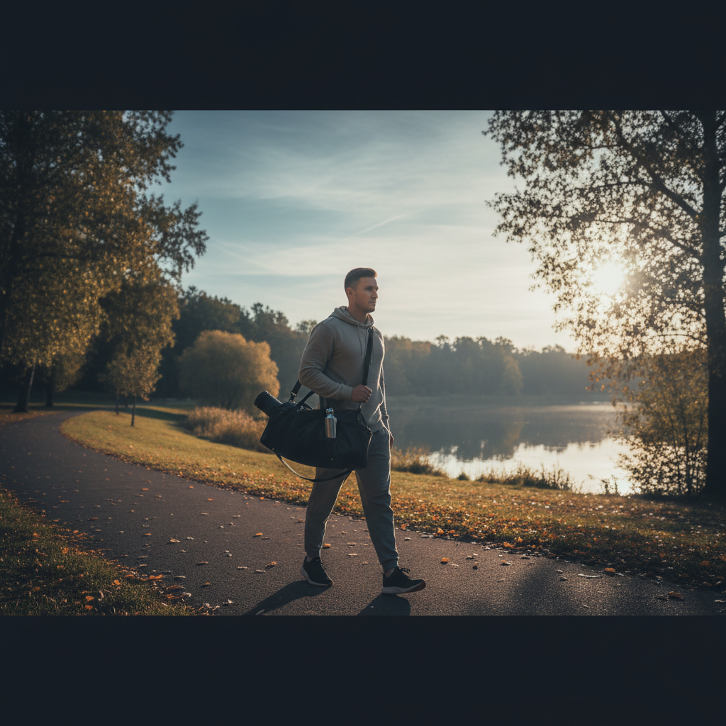 Person doing an easy walk outdoors with a foam roller nearby representing active recovery