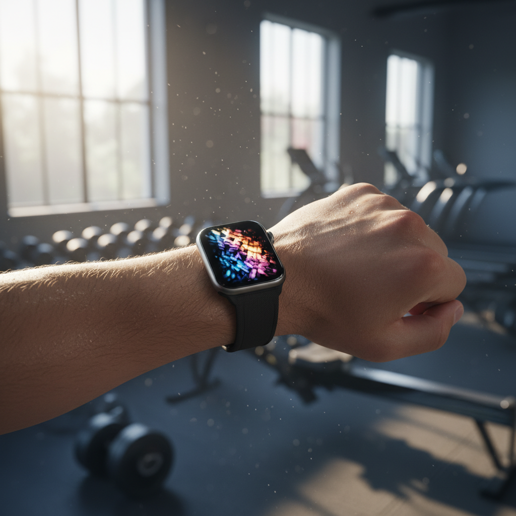 Apple Watch on a wrist during a workout showing fitness metrics