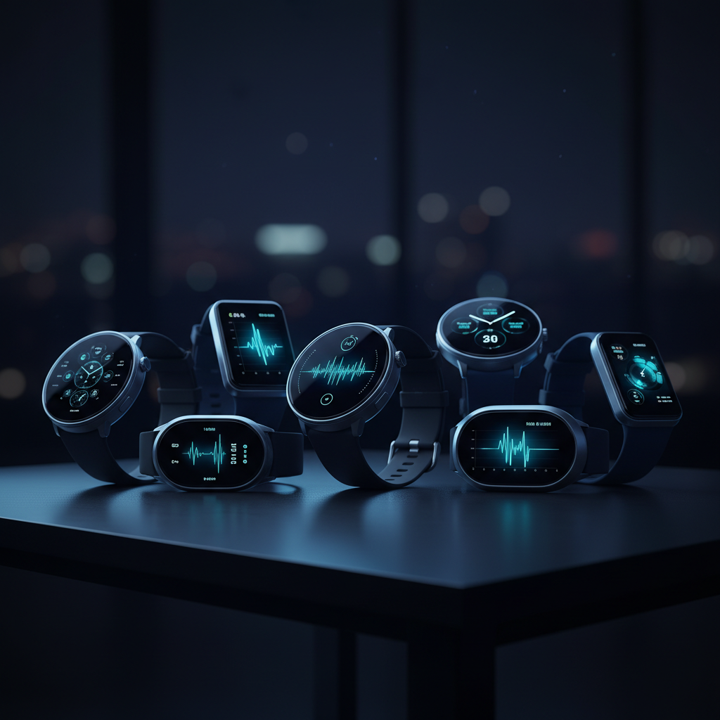 Modern fitness trackers and smartwatches on a desk showing heart rate, steps, and sleep metrics