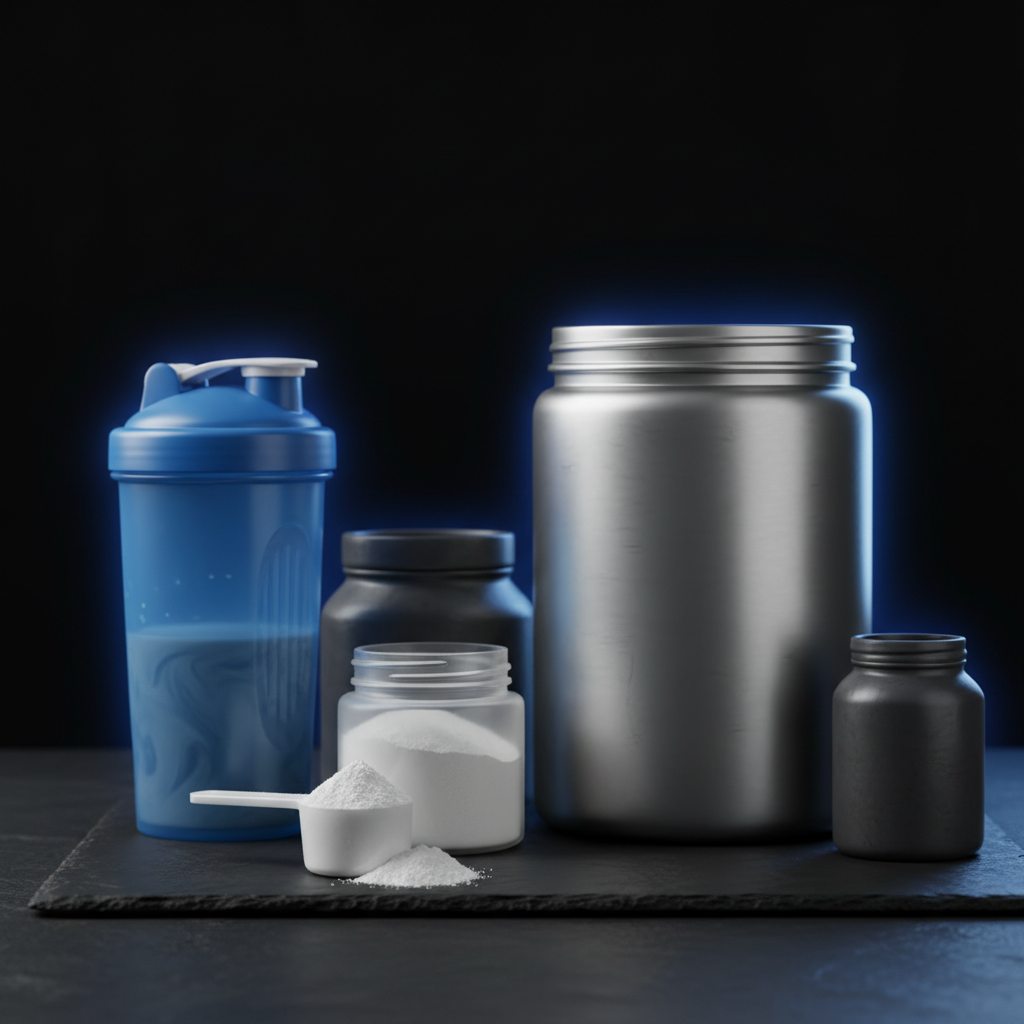 Simple supplement lineup for muscle growth including creatine and protein powder next to a shaker