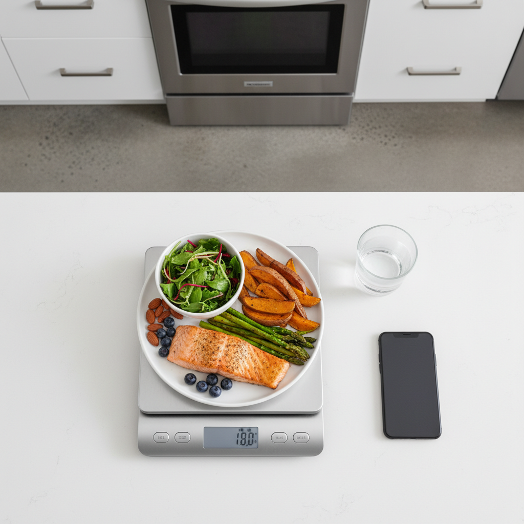 Balanced meal on a scale representing calorie deficit for fat loss