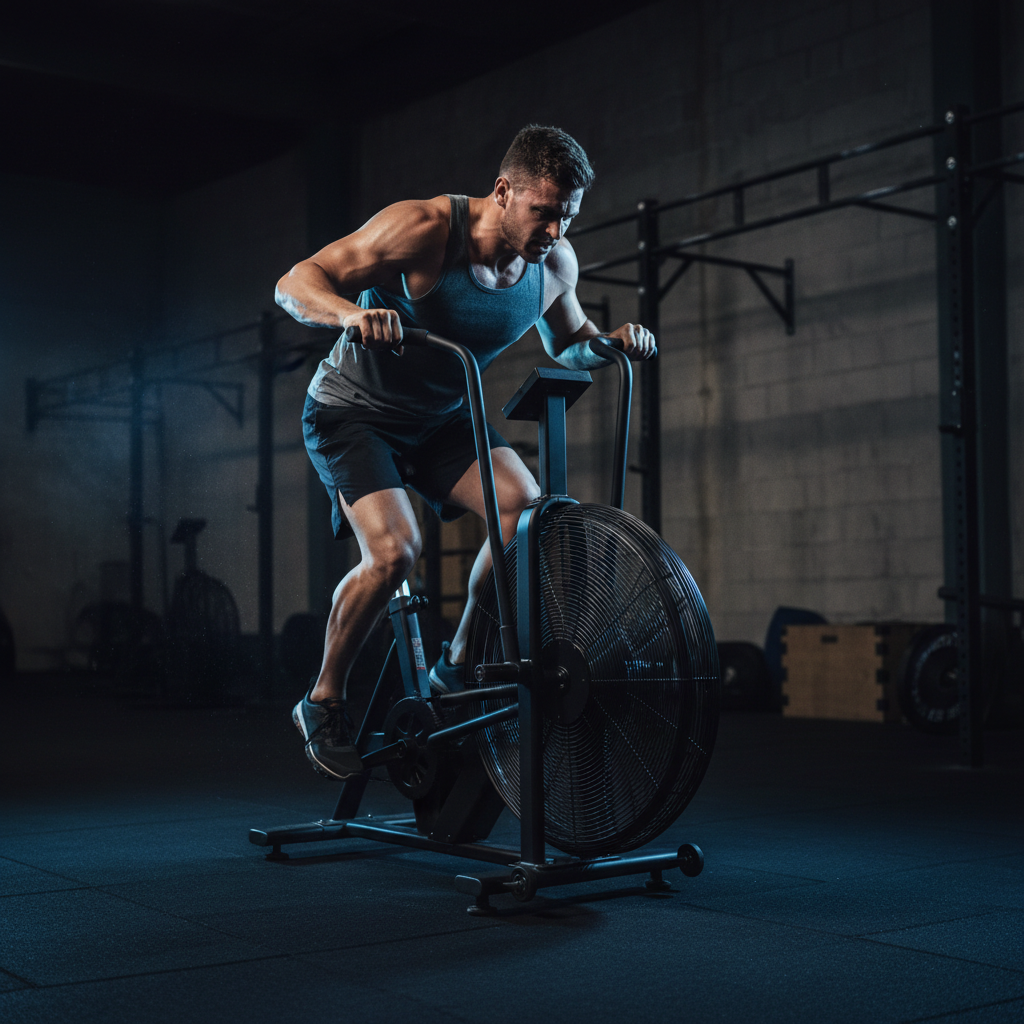 Person doing cardio training on an air bike in a gym setting