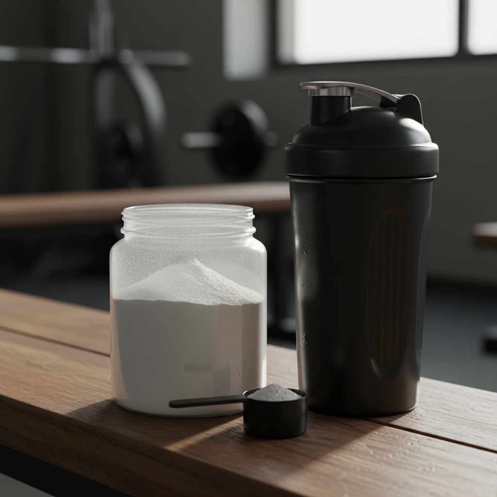 Creatine monohydrate powder and scoop next to a shaker bottle on a gym bench