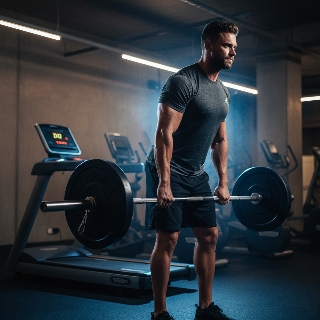 Athlete lifting weights with a treadmill in the background representing balancing cardio and muscle gains