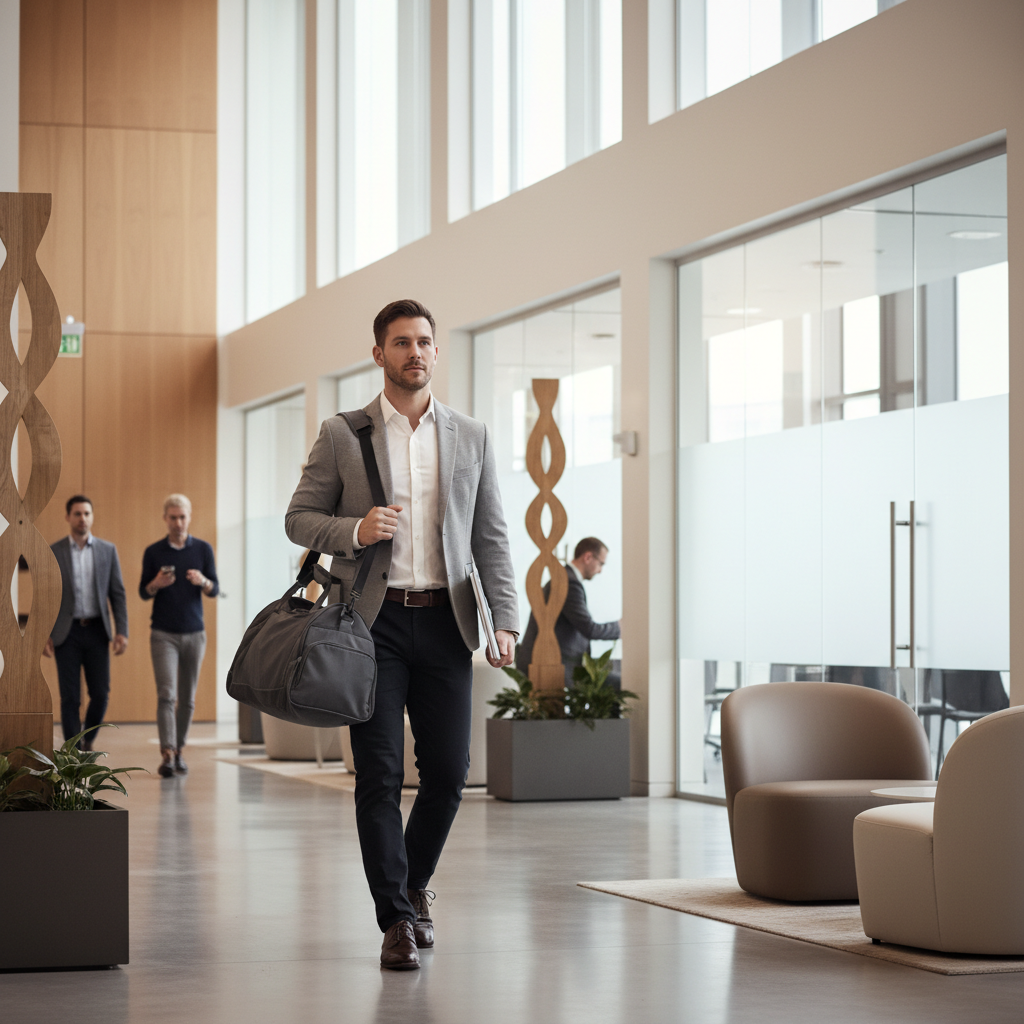 Professional with gym bag heading to a quick workout