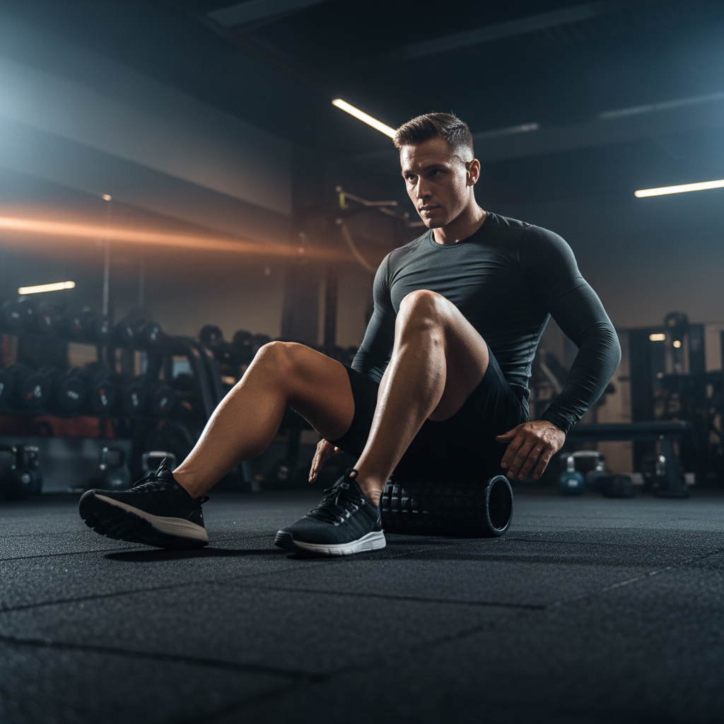 Athlete foam rolling their quadriceps on a gym floor for myofascial release and recovery