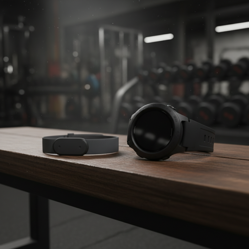 Fitness wearable devices on a gym bench comparing Garmin and Whoop