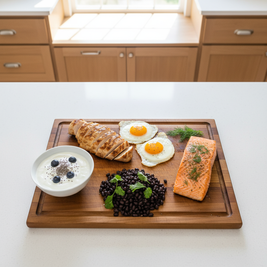 High protein foods including chicken, eggs, fish, and Greek yogurt arranged on a cutting board