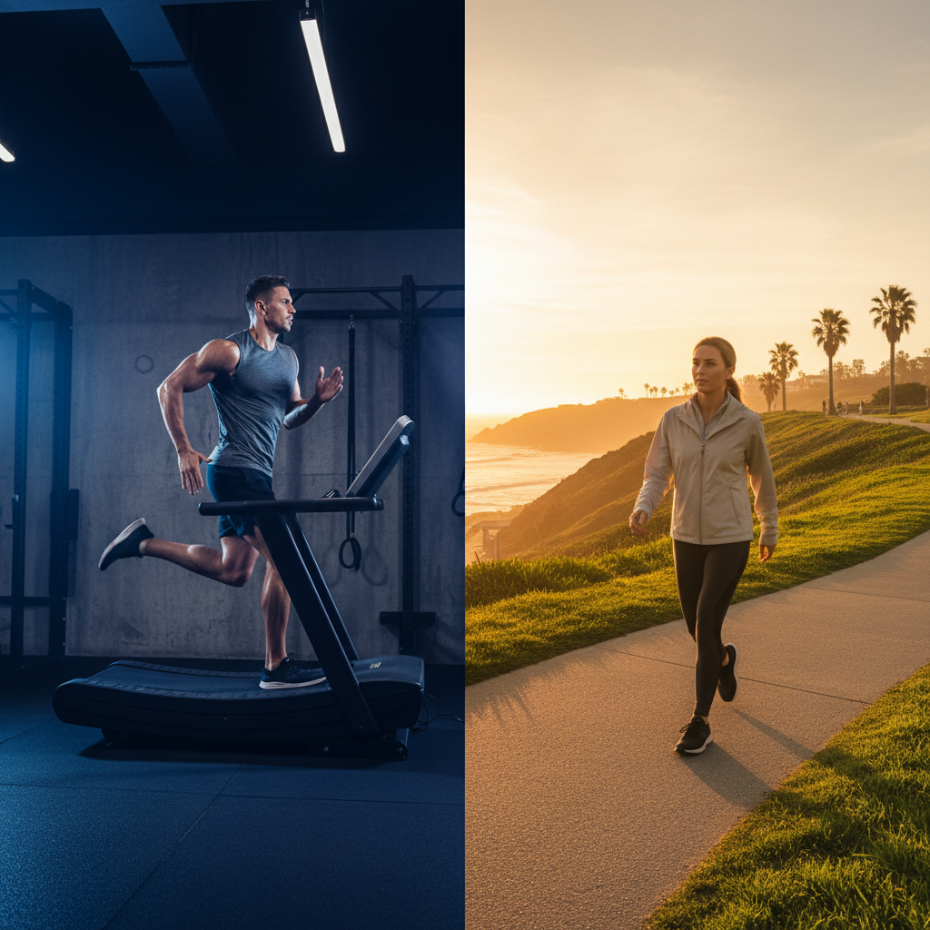 Split image of a person doing sprints (HIIT) and a person walking (LISS) representing two cardio styles