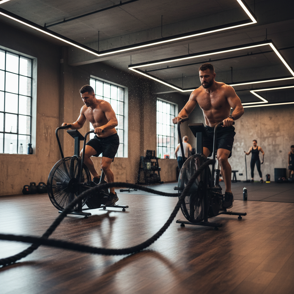 Athlete performing high intensity interval training in a modern gym
