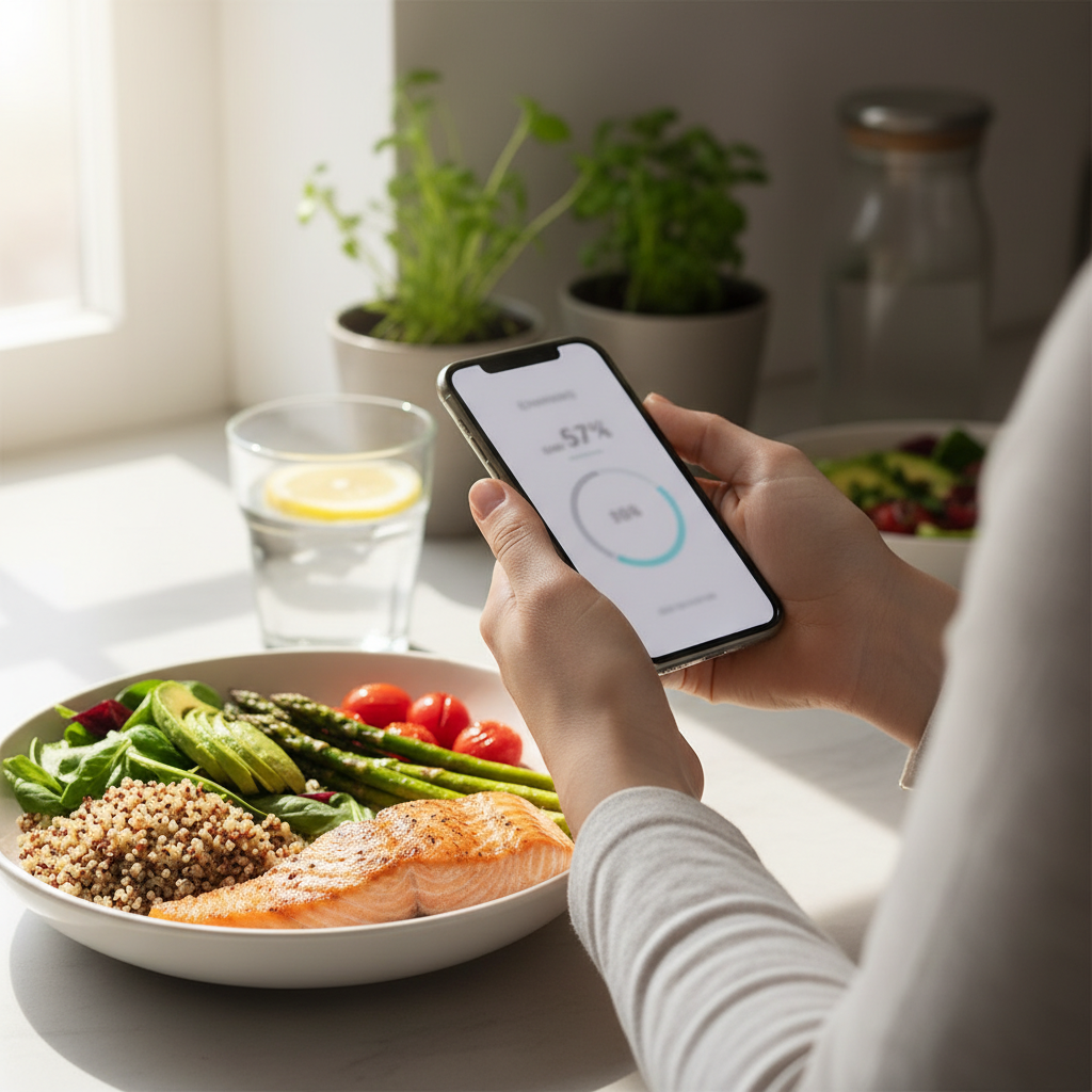 Person tracking calories on their phone next to a healthy meal for weight loss