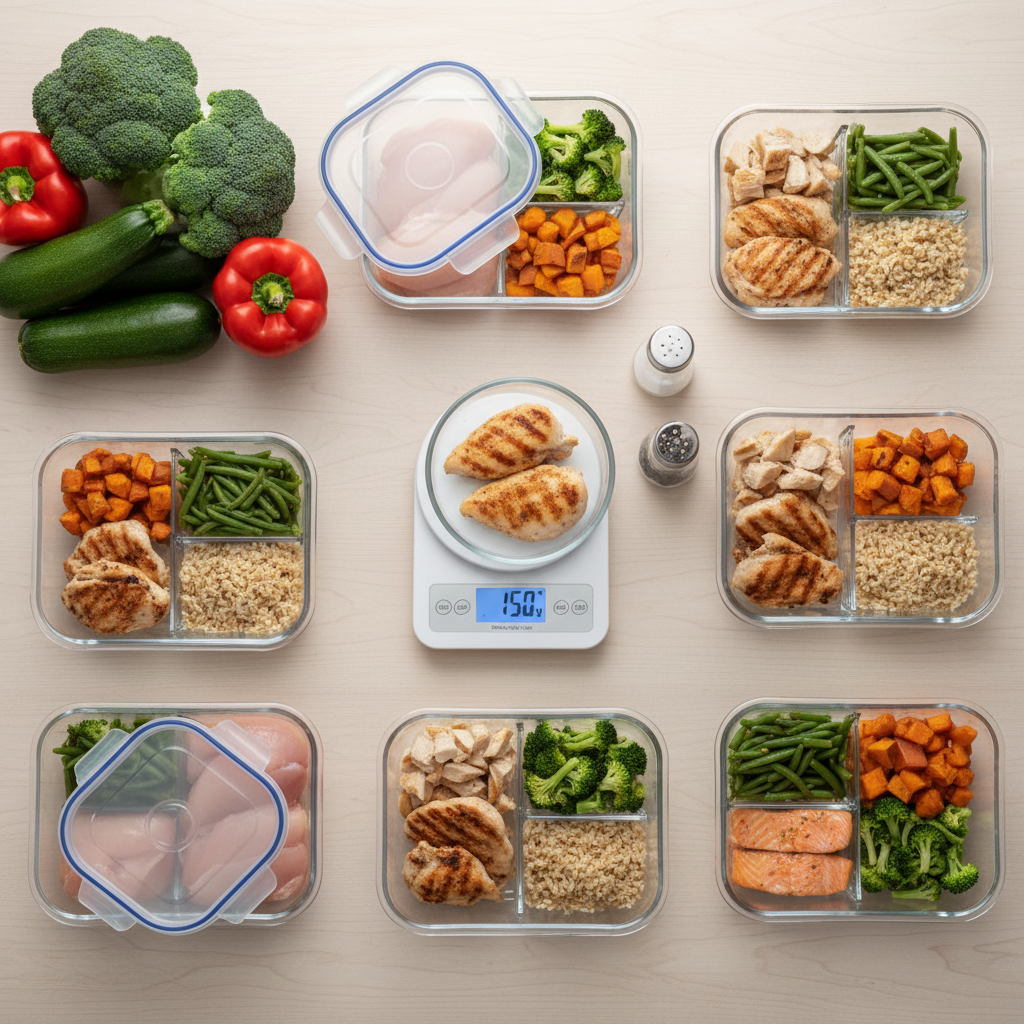 Person weighing food on a kitchen scale with a meal prep setup for counting macros