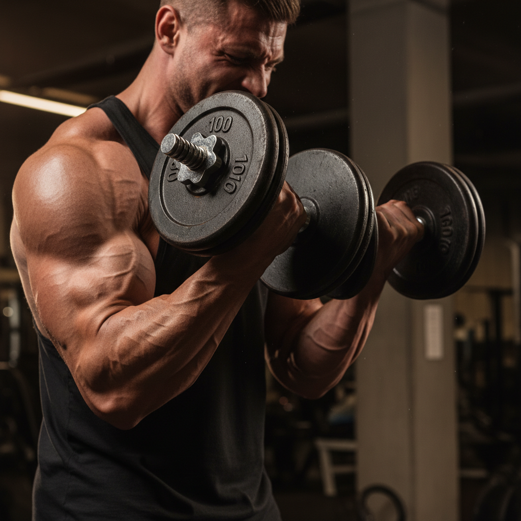 Muscular athlete performing dumbbell curls focused on hypertrophy training and muscle growth