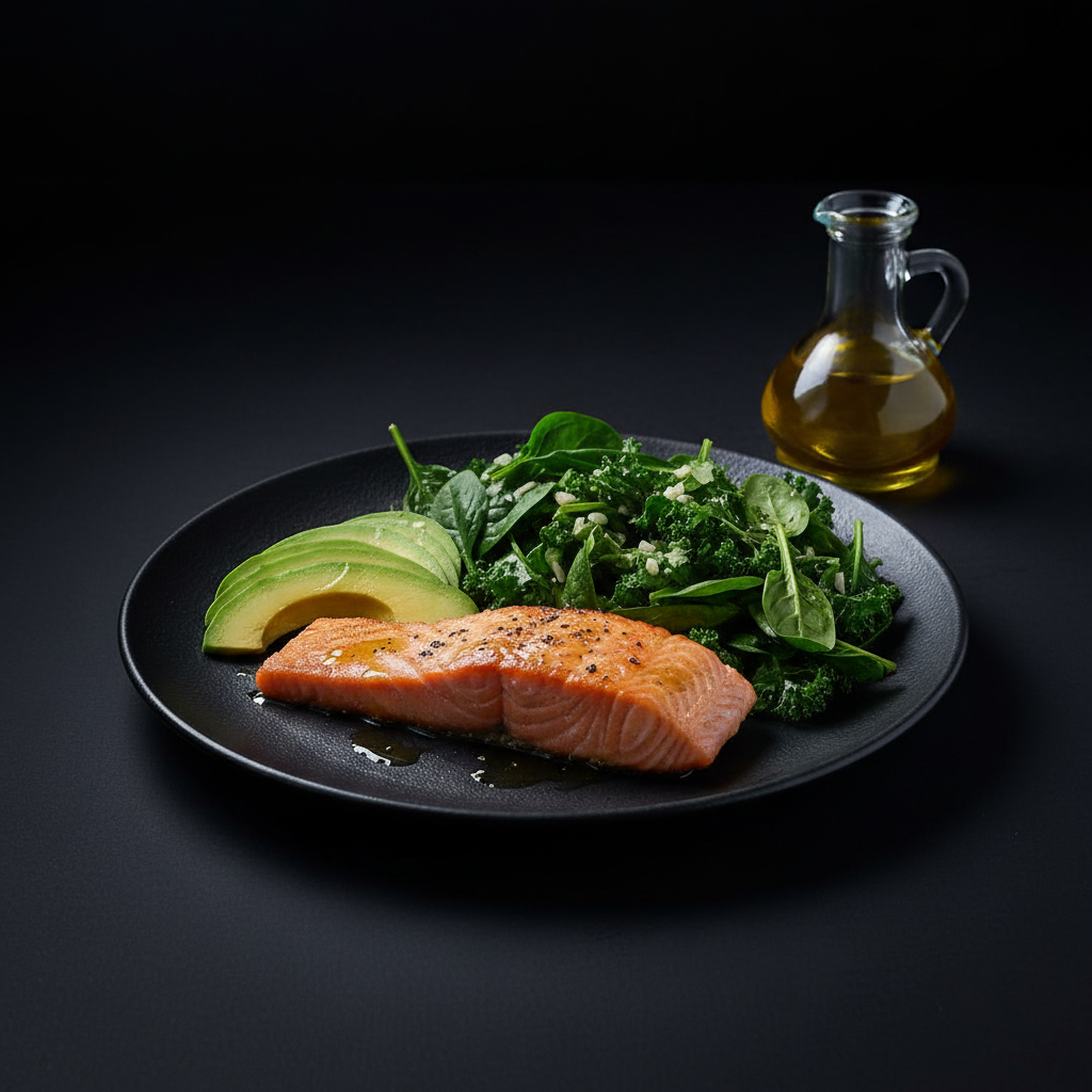 Keto-friendly meal with salmon, avocado, olive oil, and leafy greens on a plate