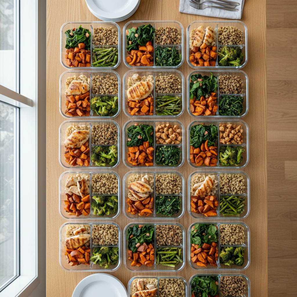 Organized weekly meal prep containers with balanced portions for weight loss meal planning