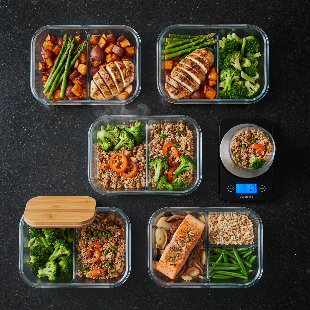 Organized meal prep containers on a kitchen counter for weekly meal prep