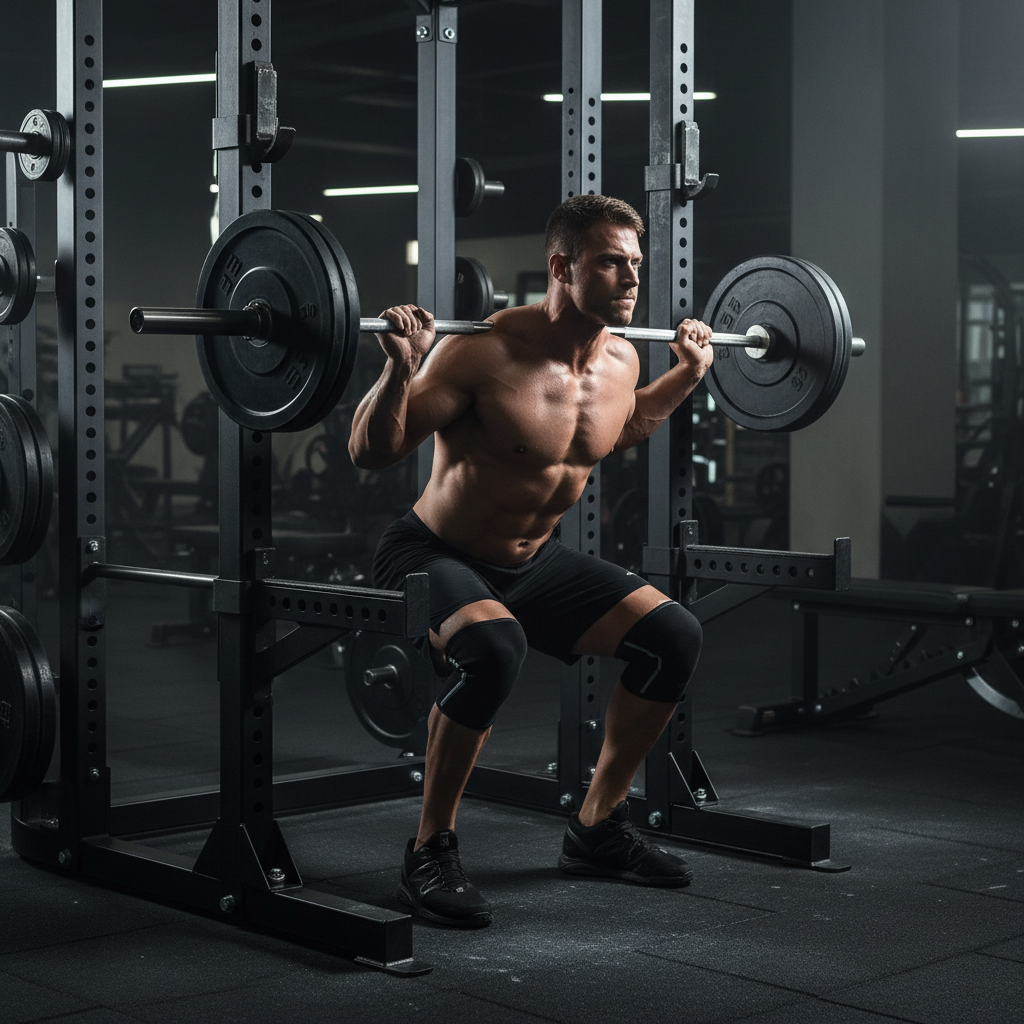 Athlete performing a heavy barbell squat in a gym for muscle building