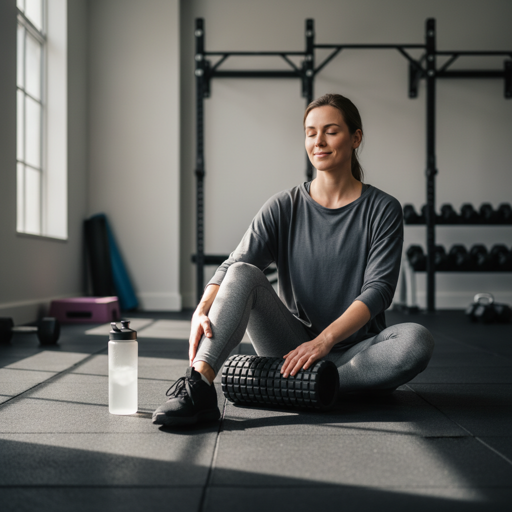 Athlete resting between sets with foam roller and water bottle, representing muscle recovery