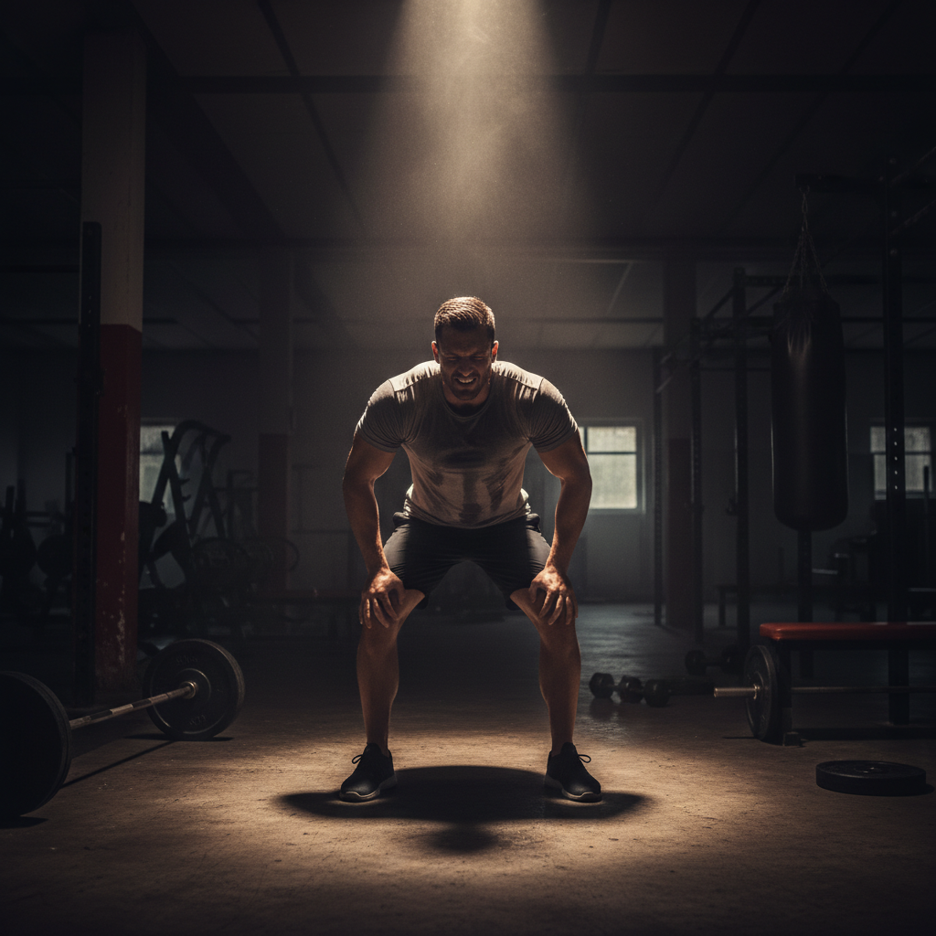 Exhausted athlete showing signs of overtraining in a dark gym setting