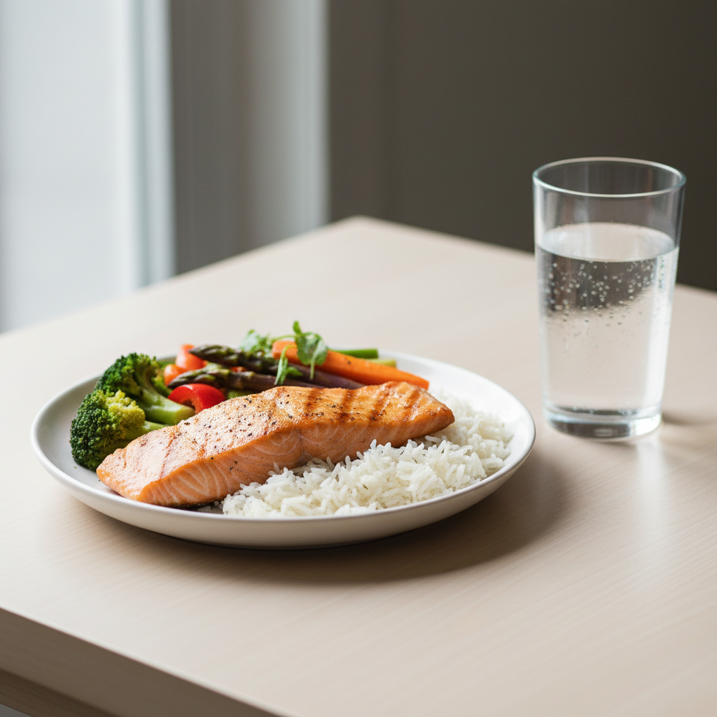 Post workout meal with lean protein, rice, and vegetables