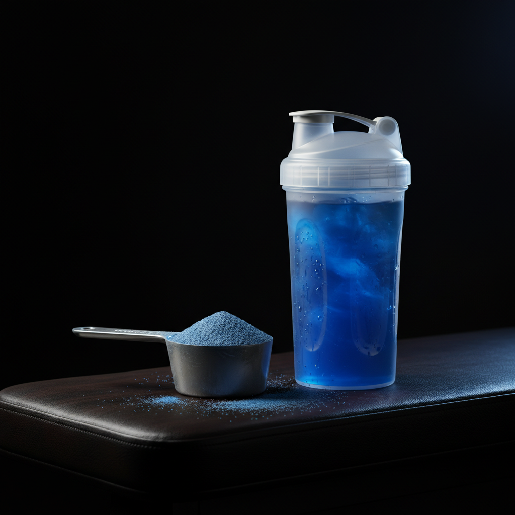 Pre-workout powder scoop next to a shaker bottle on a gym bench