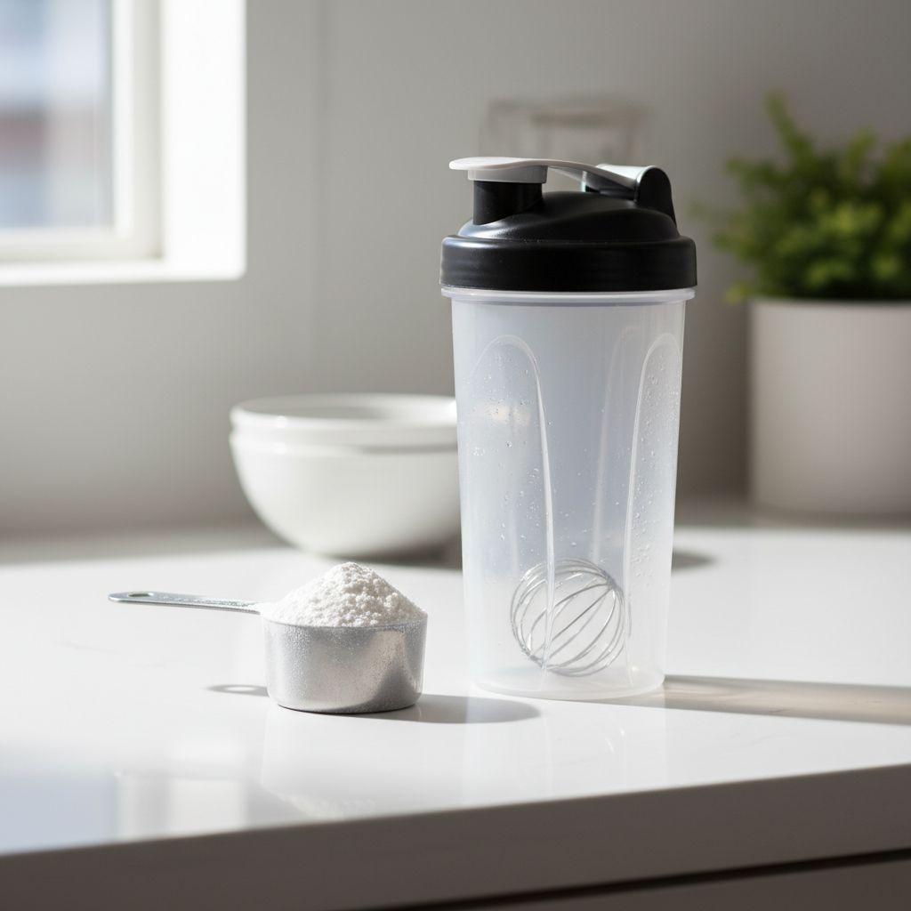 Protein powder scoop and shaker bottle on a clean kitchen counter