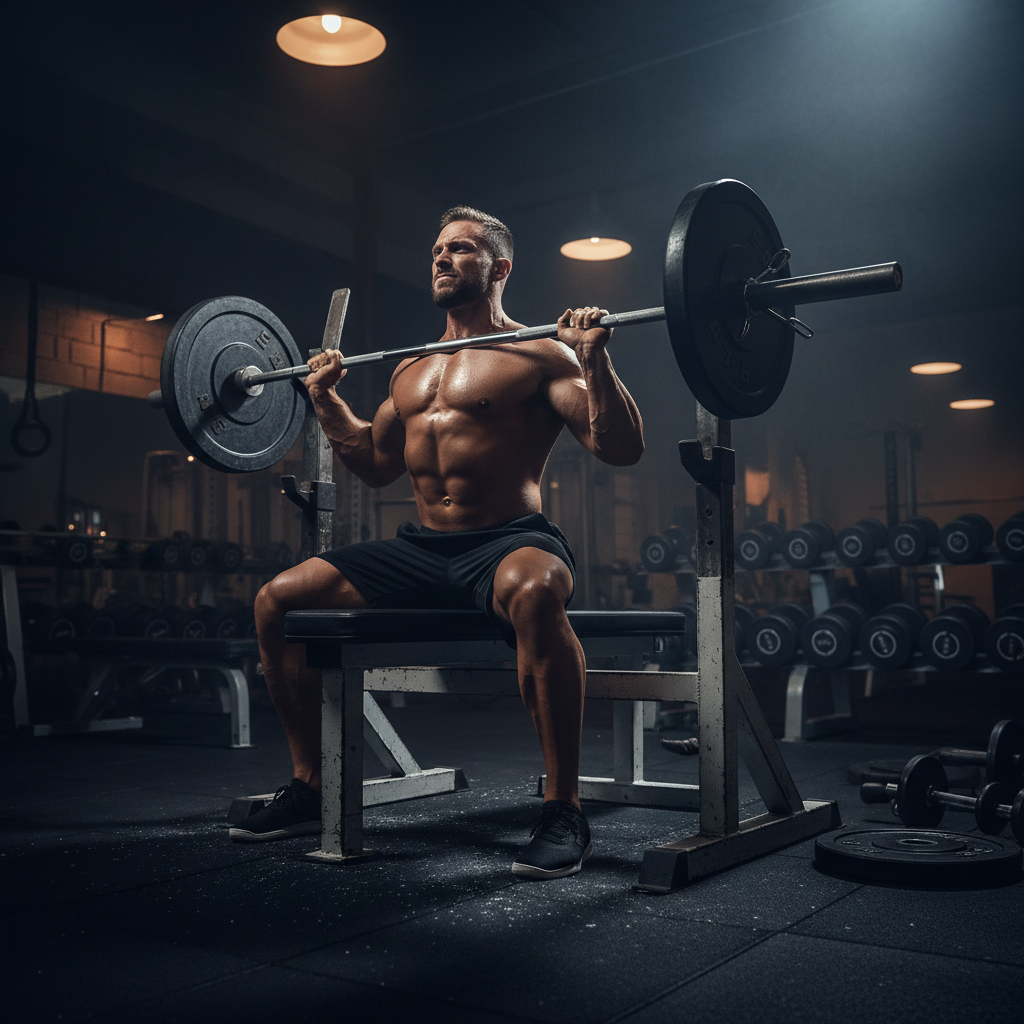 Athlete performing a barbell bench press in a push pull legs workout split