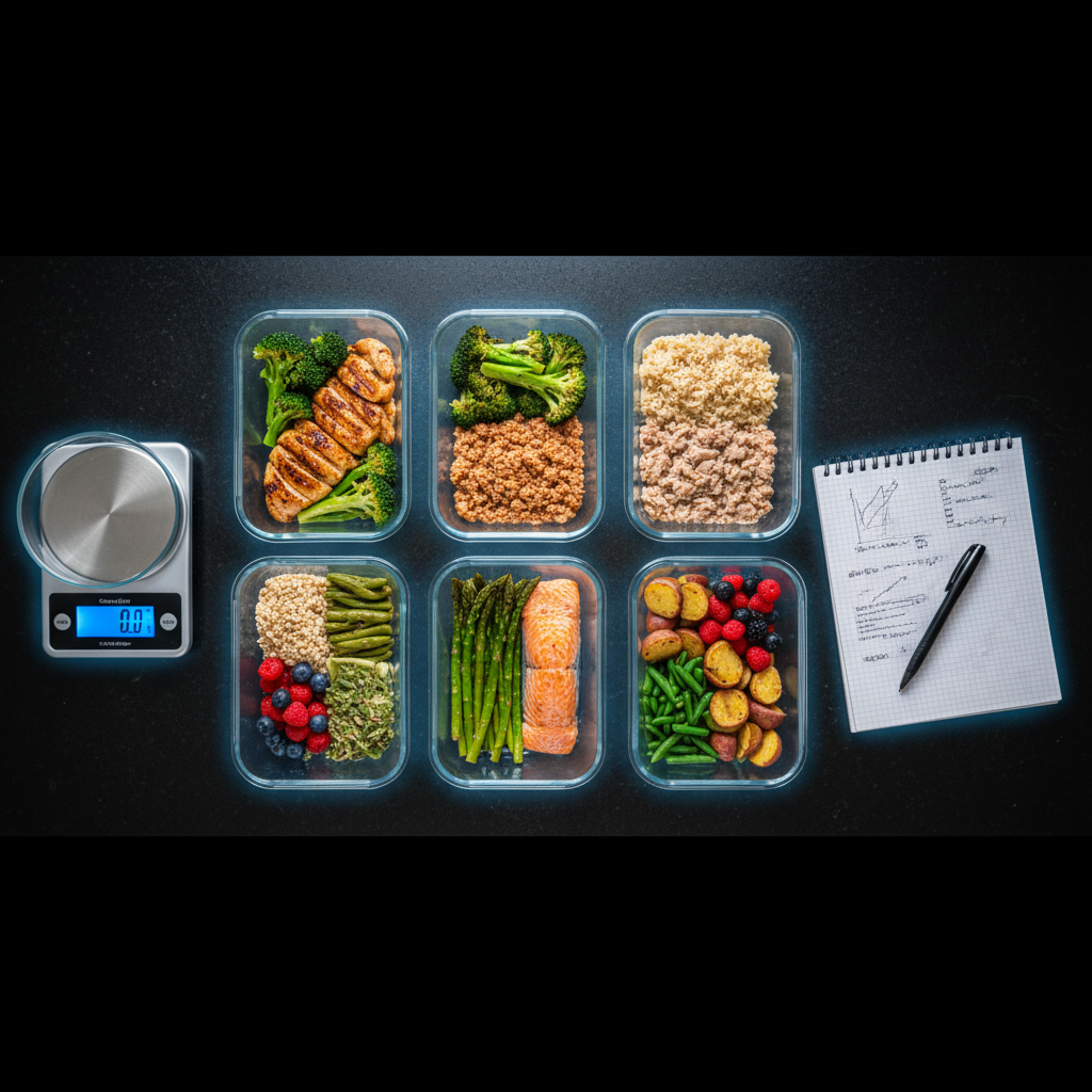 Meal prep containers and a calorie tracking notebook representing reverse dieting and controlled calorie increases