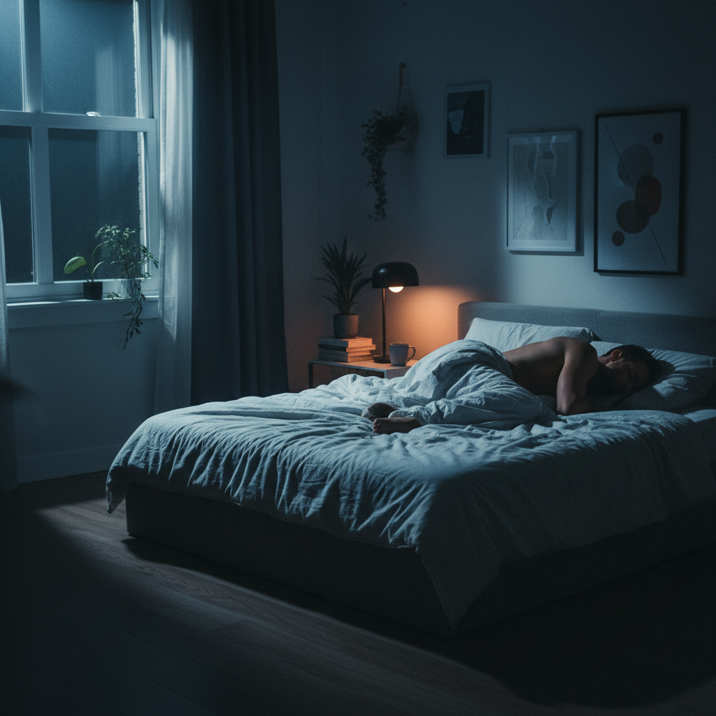 Dark bedroom with athlete sleeping, representing the connection between sleep and muscle growth