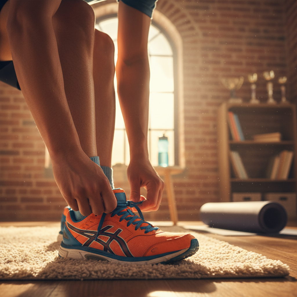 Person lacing up running shoes early in the morning, building consistent exercise habits