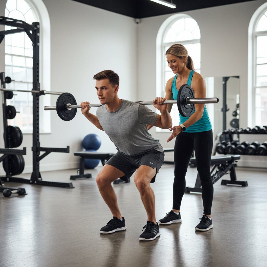 Beginner lifter performing a barbell squat with proper form in a gym setting