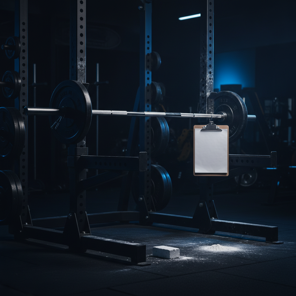 Barbell on a rack in a gym setting representing a structured strength training program
