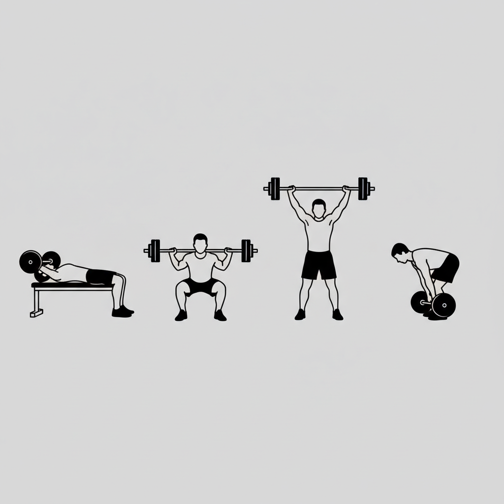 Illustration of key compound lifts in the upper lower split: bench press, squat, overhead press, deadlift