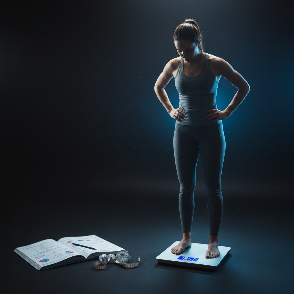 Person looking at a scale and tracking calories representing a weight loss plateau