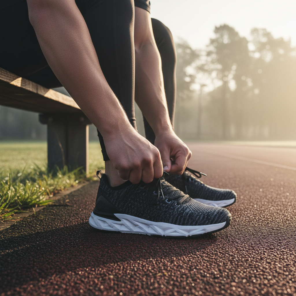 Person lacing up gym shoes in early morning light, ready for a workout